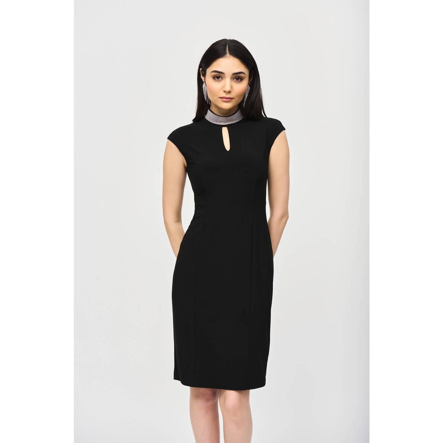 New Joseph Ribkoff Keyhole High-Neck Mini Dress In Black